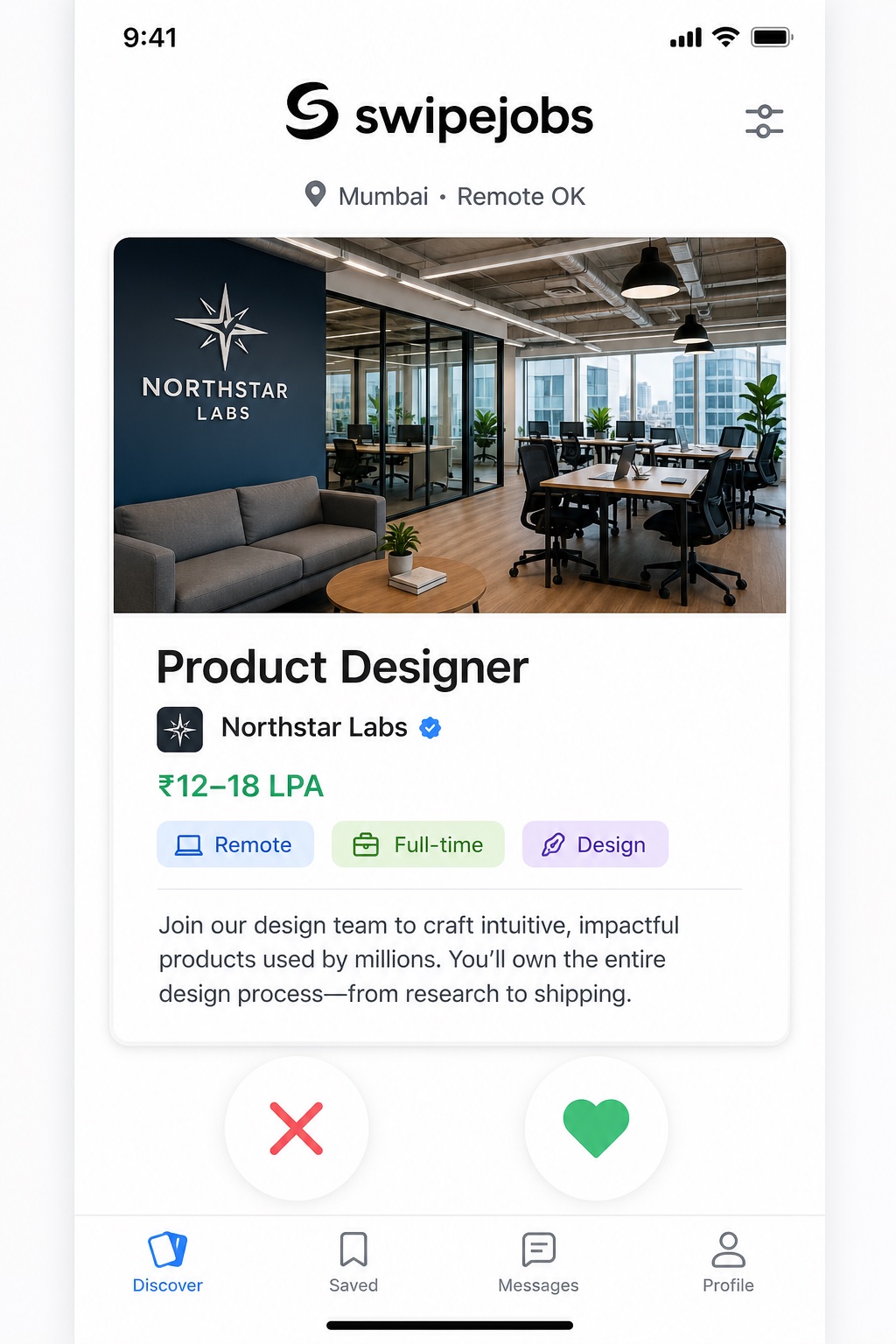 SwipeJobs mobile app — swipe-based job matching interface